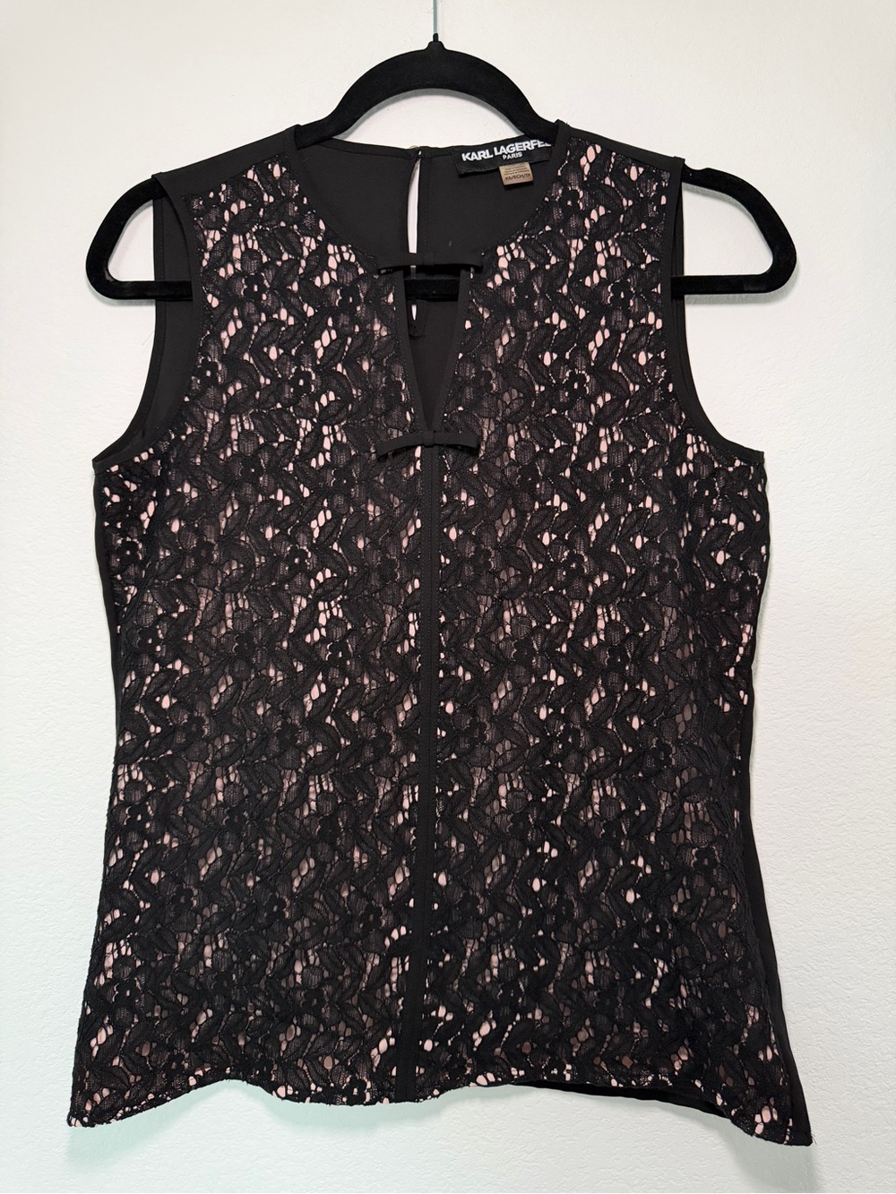 Karl Lagerfeld Black Lace Overlay with Pink Underlay Sleeveless Top XS